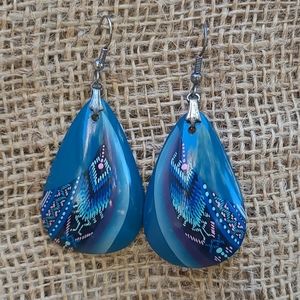 Hand Painted Peacock Feather Teardrop Dangle Earrings